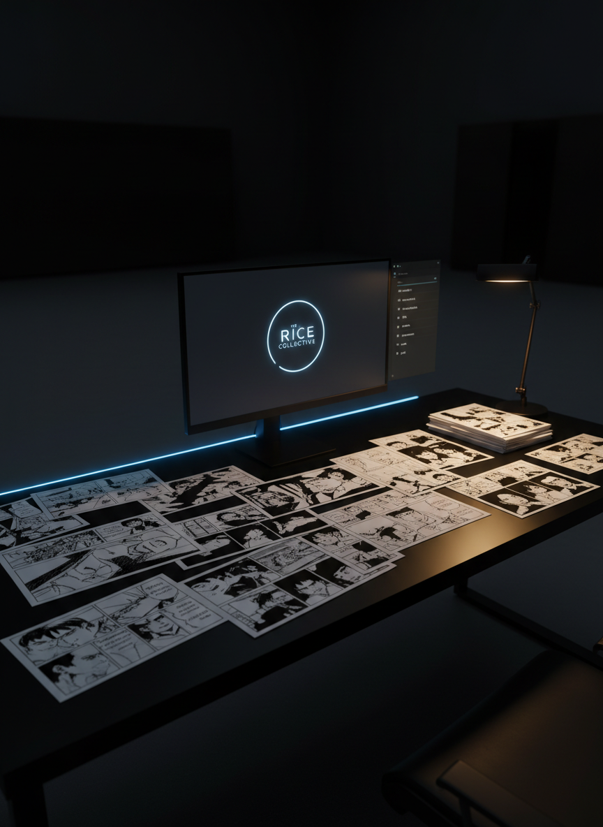 A sleek, obsidian-black workstation covered in intricate storyboards, stylized manga panels, and frames from an original animated sequence, each rendered with razor-sharp linework and high-contrast shadows. A luminous, minimalist emblem suggesting THE RICE COLLECTIVE glows faintly on a matte monitor in the background, alongside a dark interface showing categories like animation, multimedia, film, comics, novels, and pod. Cold blue rim light from an off-screen screen cuts across the desk, while a single warm desk lamp creates a cinematic chiaroscuro effect. Shot at a slightly low, wide-angle with shallow depth of field, the foreground drawings are in crisp focus, the studio beyond dissolving into velvety darkness, establishing a moody, high-end creative studio atmosphere.