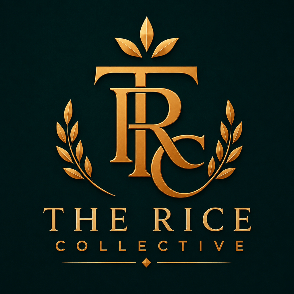 The Rice Collective primary logo featuring an interlocking Sunstone Amber TRC monogram, three-leaf seed, and rice branches on a Legacy Jade background, with “THE RICE COLLECTIVE” below.